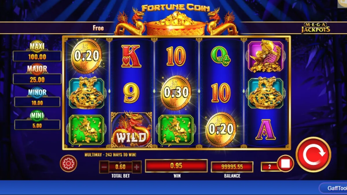 Tampilan antarmuka seluler slot Fortune Coin Mega Jackpot dengan tema kekayaan Asia