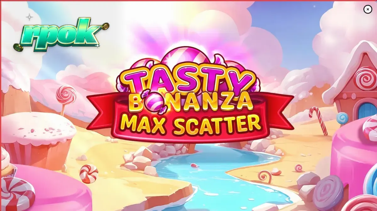 Tampilan visual penuh warna dari slot Tasty Bonanza Max Scatter dengan simbol permen.